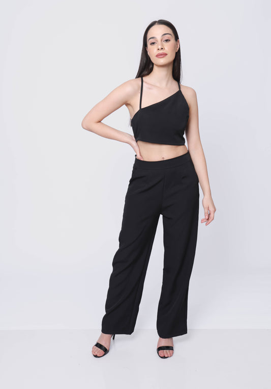 Asymmetric crop top with straight fit trouser co-ords