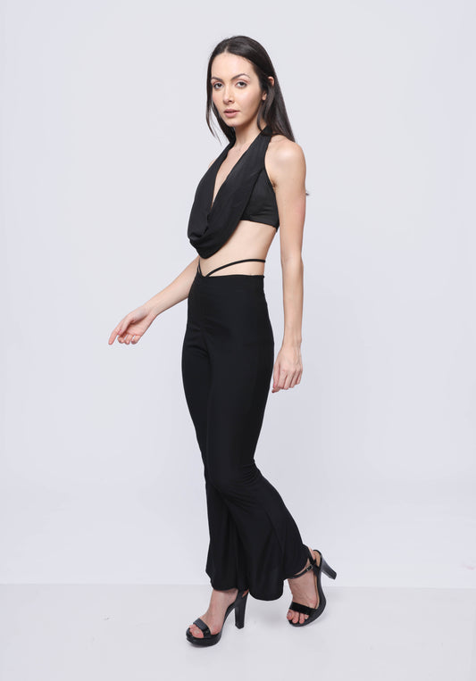Cowl neck crop top and a flared pant