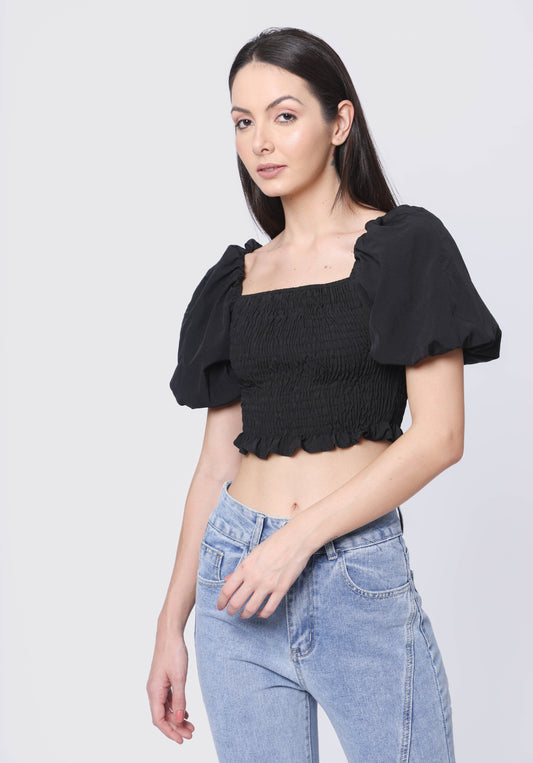 Puff-sleeved smocked crop top