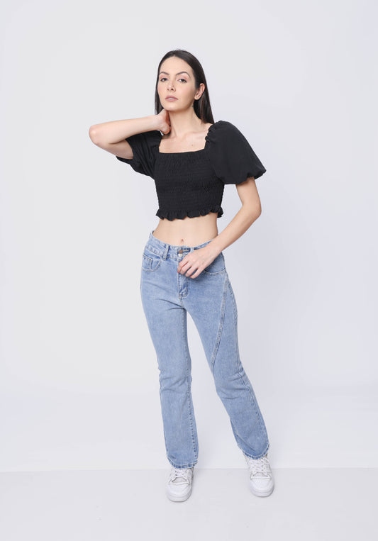 Puff-sleeved smocked crop top