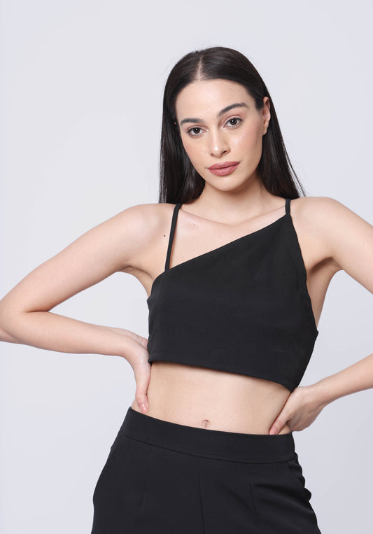 Asymmetric crop top with straight fit trouser co-ords