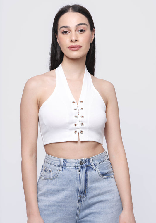 Halter neck criss cross string crop top