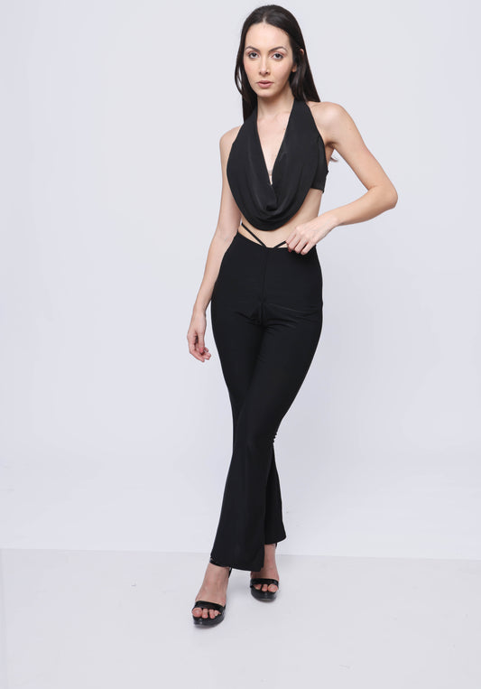 Cowl neck crop top and a flared pant
